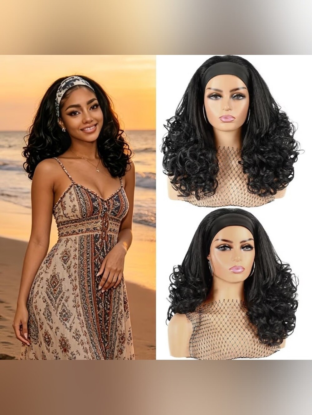 Curly Headband Wig Wear & Go Glueless Synthetic Hair Black, 16"